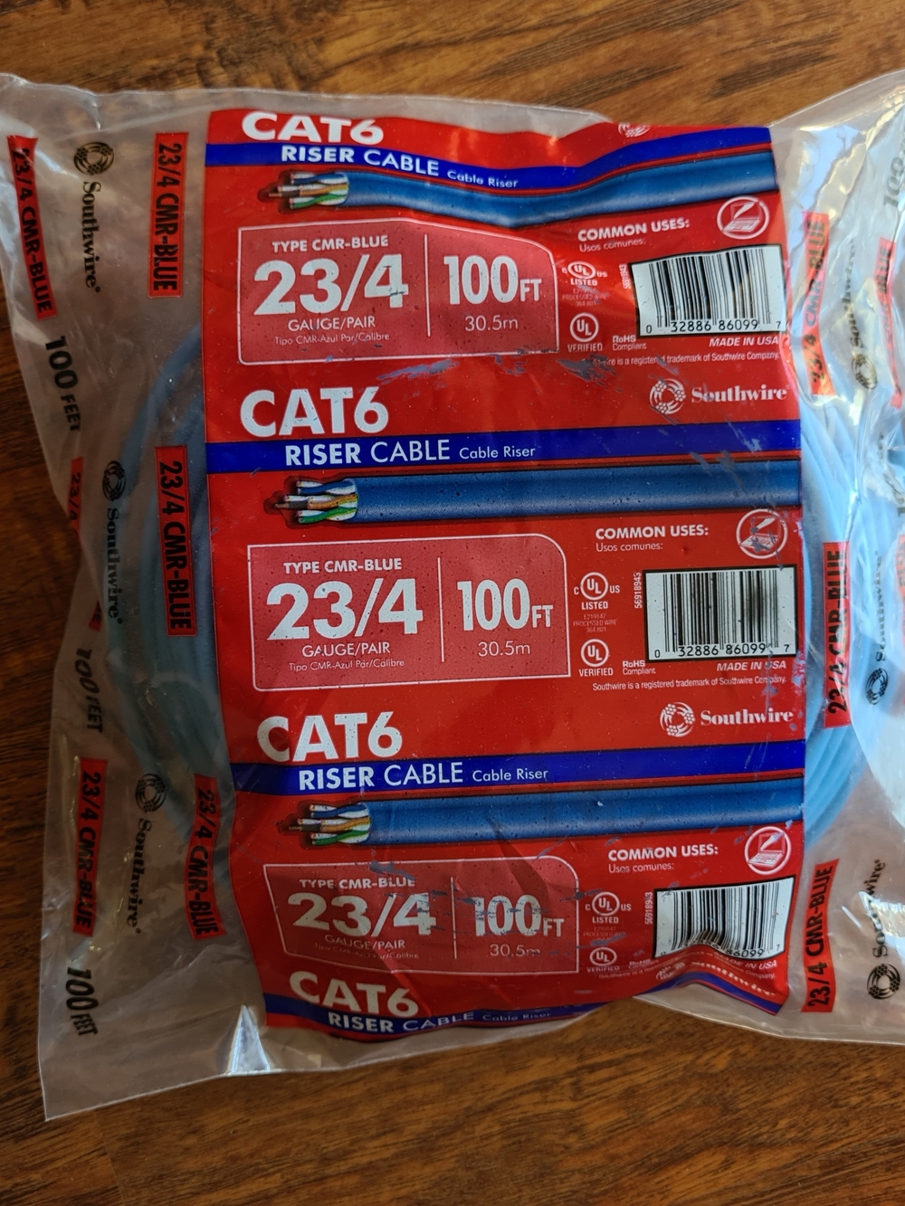 CAT6 Riser Ethernet Cable 100ft Blue - 23/4 Gauge
